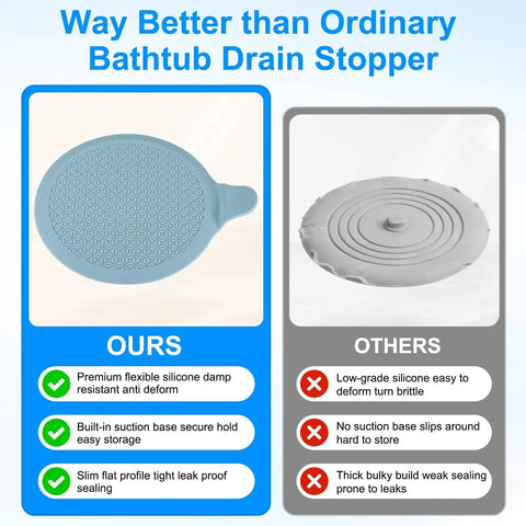 M METERXITY 2-Pack 5.9 in Silicone Tub Stopper, Bathtub Drain Stopper comparison with ordinary stopper, showing features and seal design.