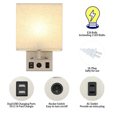 Set Of 2 Wall Sconces With USB Ports For Bedside Or Bedroom And Living Room Modern Silver Wall Lamps Easy Install With Long Cord Includes 2 E26 Bulbs Can Be Plug In Or Wall Mounted Sleek And Practical. Close-up of features including USB ports, switch, and AC outlet.