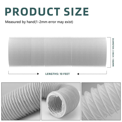 3 Inch Marine Blower Hose Replacement Kit for Boat Vent Bilge Blower Exhaust Fan 10 Feet Long Two Pieces Flexible Duct Hose Fits Marine Ventilation Systems And Bilge Heaters High Temperature Resistant, shown in detail and size measurement diagram.
