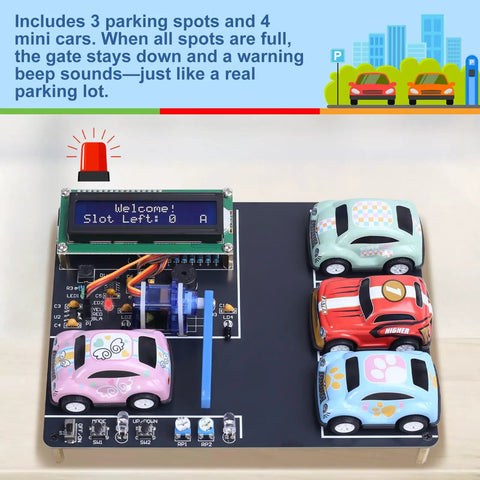 DIY Smart Parking System Soldering Kit with 4 mini cars and electronic components on board for hands-on tech education