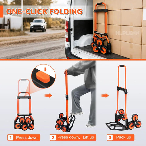 Heavy Duty Stair Climbing Hand Truck With Quick Fold Frame And Smooth Rolling Wheels For Zero Stress Moving No Sweat 300 Lb Cargo Hauler For Home Or Warehouse Runs demonstrated in a folding process.