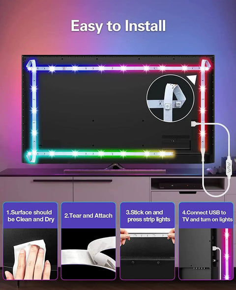 13.1Ft RGBIC LED TV Backlight Strip With Bluetooth App Control Music Sync And Remote Lit Rainbow Colors For 50 To 55 Inch TVs Or Monitors Behind Lighting USB Powered Accent Lights For Home Theater