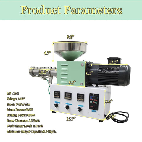 Built Like A Tank Single Screw Extruder For Making 3D Printer Filament With Hella Adjustable Temperature For Abs pcl bla And Pek 110V 1.37 Inch Die dimensions with control panel and motor.