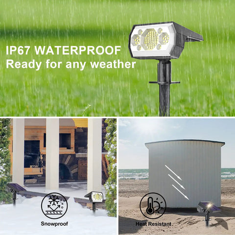 Solar Spot Lights Outdoor for Landscape, 6 Pack with 3 Modes, IP67 Waterproof, showcasing durability in rain, snow, and heat.