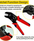 Ratcheting Wire Crimping Tool With Open Barrel Terminal Connectors For 20 To 14 AWG, close-up of red handle and ratchet design