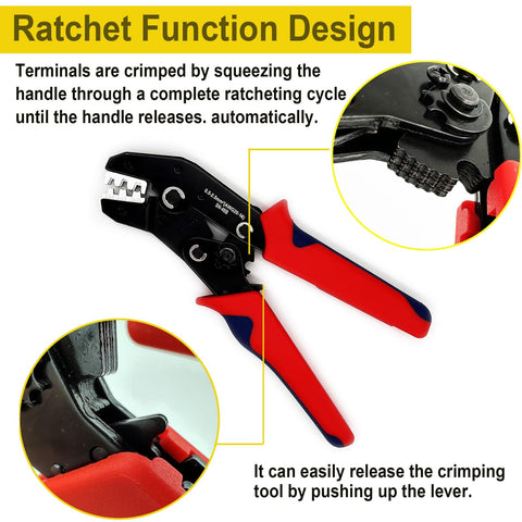 Ratcheting Wire Crimping Tool With Open Barrel Terminal Connectors For 20 To 14 AWG, close-up of red handle and ratchet design