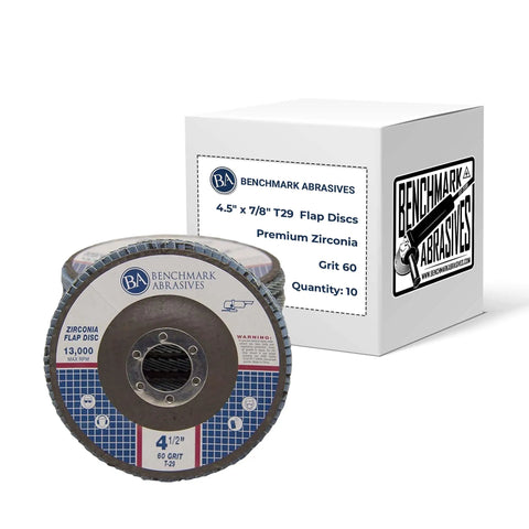 Premium Zirconia T29 Angled Flap Discs 4.5 Inch By 7/8 Inch, 60 Grit, 10 Pack For Angle Grinders with box packaging