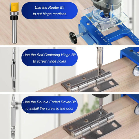 Heavy Duty Door Hinge Jig Kit showing bits for cutting hinge mortises and installing hinges on wooden door.