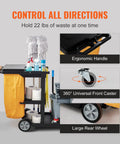 Three Shelf Cleaning Cart That Packs 200 Lb Capacity, 25 Gallon PVC Bag And Cover, Heavy Duty Janitorial Cart Built For The Hustle, 47 x 20 x 38.6 In, Yellow And Black, Mobile Housekeeping Cart For Commercial Use showing ergonomic handle, 360° front caster, and large rear wheel.