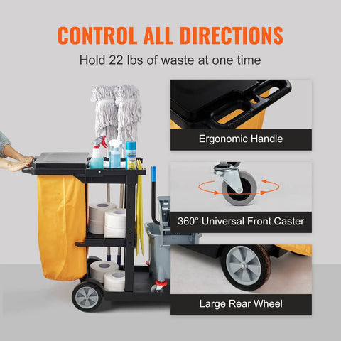 Three Shelf Cleaning Cart That Packs 200 Lb Capacity, 25 Gallon PVC Bag And Cover, Heavy Duty Janitorial Cart Built For The Hustle, 47 x 20 x 38.6 In, Yellow And Black, Mobile Housekeeping Cart For Commercial Use showing ergonomic handle, 360° front caster, and large rear wheel.