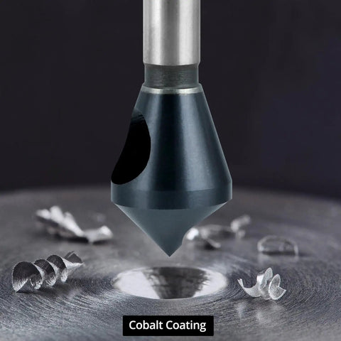 Four Piece Cobalt Countersink Chamfer Tool Set Single End M35 High Speed Steel 90 Degree Cutting Angle in use on metal surface