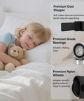 Child sleeping beside teddy bear with highlights on premium door stopper, bearings, and nylon wheels for sliding door.