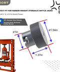 Aluminum Alloy Knob For Hydraulic Bottle Jack Valve Release Screw Compatible With Hydraulic Bottle Jacks And Mandrel Presses Three Eighths Inch Diameter Includes Set Screw And Allen Wrench Gray, shown with dimensions and red jack base.