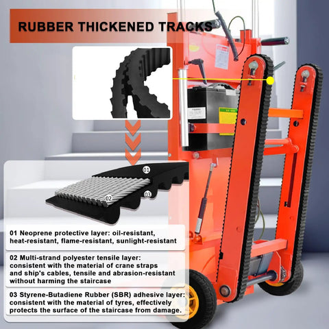 Close-up of rubber thickened tracks on Heavy Duty Electric Stair Climbing Dolly With 37.4 Inch Extended Tracks for durability.