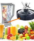 High Performance Seven Fin Male Blender Blade Replacement with Rubber Gasket Seal fits Eighteen Ounce Twenty Four Ounce And Thirty Two Ounce Cups Perfectly shown with assorted fruits and smoothies