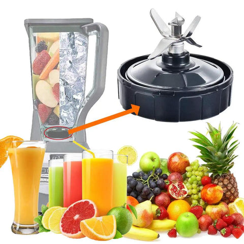 High Performance Seven Fin Male Blender Blade Replacement with Rubber Gasket Seal fits Eighteen Ounce Twenty Four Ounce And Thirty Two Ounce Cups Perfectly shown with assorted fruits and smoothies