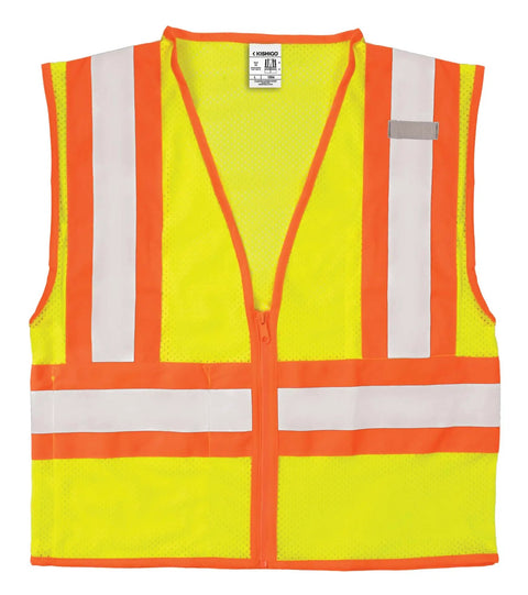 Mens High Visibility Reflective Mesh Vest With Zipper Closure And ANSI 107 Type R Class 2 Rating Orange 2X front view on a white background.