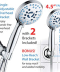 AquaCare handheld shower head with 4.5-inch face, anti-clog nozzles, 8 spray modes; 6 ft stainless hose and 2 brackets
