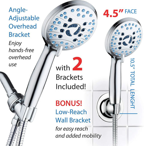 AquaCare handheld shower head with 4.5-inch face, anti-clog nozzles, 8 spray modes; 6 ft stainless hose and 2 brackets