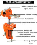 Illustration of Beefy Heavy Duty Clamp Bench Vise with swivel base, showing jaws, screws, pole, and rubber pad features.