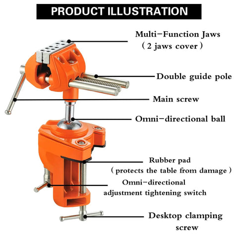Illustration of Beefy Heavy Duty Clamp Bench Vise with swivel base, showing jaws, screws, pole, and rubber pad features.