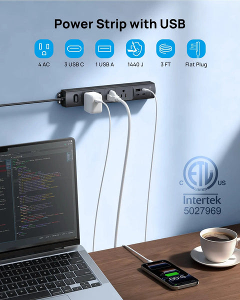 Flat Plug Power Strip With Three USB C Ports And One USB A, 1440 Joules Surge Protector mounted on wall in office setup.