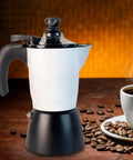 Manual Coffee Percolator Stovetop Espresso Maker for Cappuccino and Latte Lovers, aluminum design, on kitchen counter