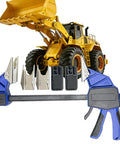 18 Inch Quick Coupler Hand Clamp Carbon Steel With Four Duo Jaw Sets Two By One Half Inch And Three Quarter Inch Two By Seven Eighths Inch And Three Eighths Inch Jaws For Hydraulic Pipe Clamps Quick Mate Coupler Tool For Excavators Tractors And Cranes in front of a yellow excavator.
