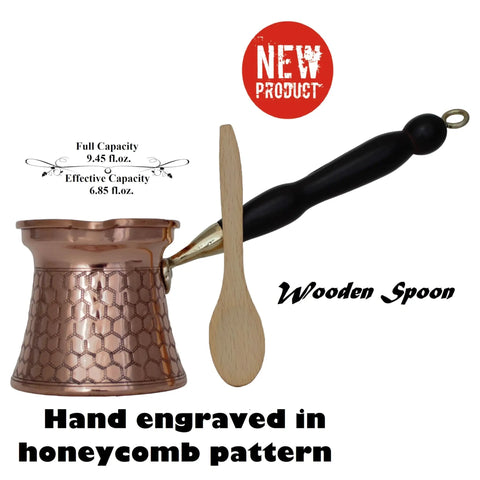 Your Go To Hammered Antique Copper Cezve With Wood Handle For Turkish Coffee, 9.5 Fl Oz, Hand Carved Honeycomb Body With Mirror Finish