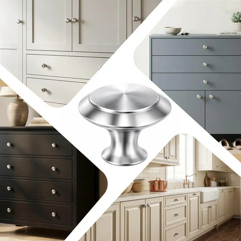 Thirty Five Pack Brushed Nickel Cabinet Knobs 1-1/4 Inch Round Drawer Knobs with Stainless Steel Top Zinc Alloy Base on cabinets