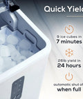 Compact Stainless Steel Ice Maker Cranks Out 26 Pounds Daily With Auto Clean Function And Led Display showing ice cubes ready in tank.