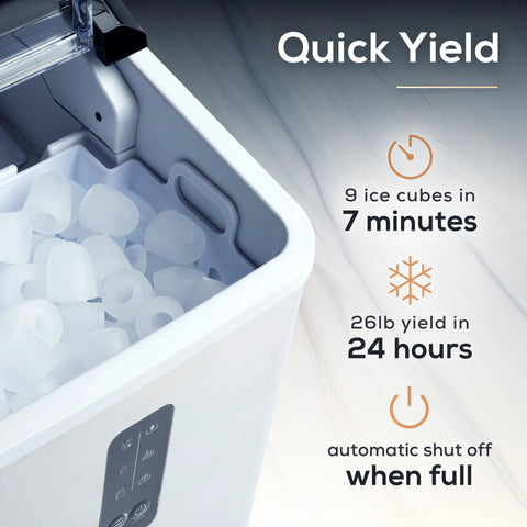 Compact Stainless Steel Ice Maker Cranks Out 26 Pounds Daily With Auto Clean Function And Led Display showing ice cubes ready in tank.