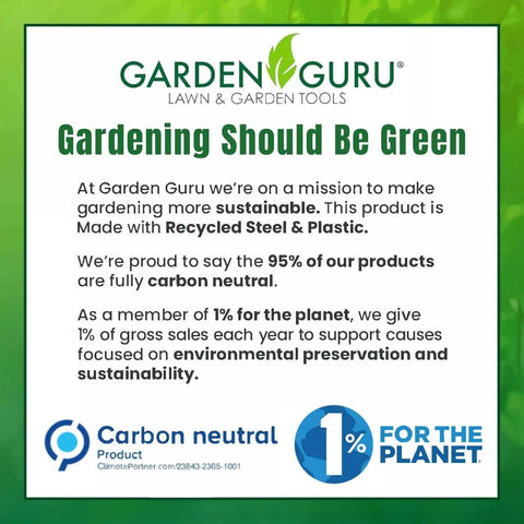 Garden Guru lawn and garden tools sustainability commitment information with carbon neutral and 1% for the planet logos.