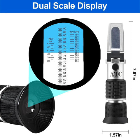 3 In 1 Honey Refractometer With ATC For Honey Maple Syrup And Molasses High Precision Sugar Tester Measuring Brix From 58 To 90 Percent Moisture From 12 To 27 Percent And Baume 38 To 43 For Beekeeping, dual scale, 7.67in
