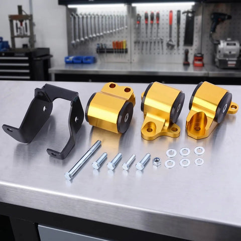 Tough As Nails Aluminum Alloy Engine Mount Bracket With Precision Cut Bolt On Hardware For Rock Solid Stability And Zero Engine Shake Grease Monkey Approved For Weekend Builds displayed on a workbench with mounting hardware.