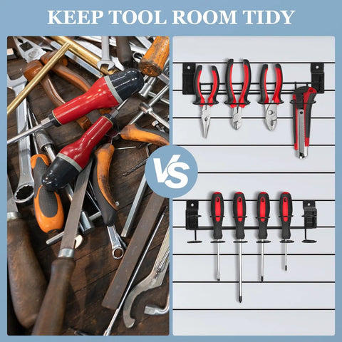 Comparison of cluttered tools versus organized 8 Pcs Slatwall Tool Organizer Racks Kit With Stainless Steel Multi Ring Holders