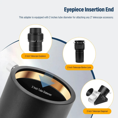 2 Inch SCT Adapter For Schmidt Cassegrain Telescopes With Side Clamp Lets You Rock 2 Inch Eyepieces Diagonals Barlow Lenses And Cameras By Converting SC Thread To Standard 2 Inch Fitting shown with eyepiece, Barlow lens, and diagonal