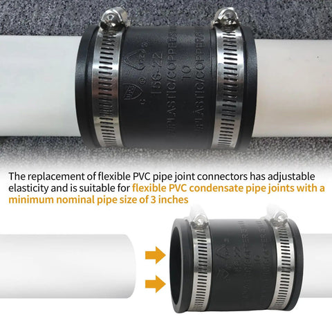 Flexible PVC Pipe Coupling With Rubber Hose Clamps For Flex Coupling 3 Inch Nominal Pipes shown with clamps tightened