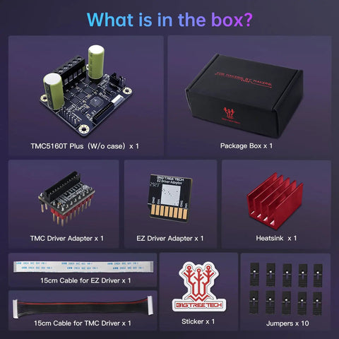What is in the box for Dope TMC5160T Plus Stepper Motor Driver V1.0, package contents including adapters, heatsink, cables, jumper