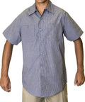 Men's Micro Check Short Sleeve Work Shirt, Heavy Duty Industrial Auto Mechanic Uniform, Stain Resistant Poly Cotton Blend, Dual Pockets Button Closure, Grease Monkey Ready Rock Solid Workwear shown in gray with short sleeves.