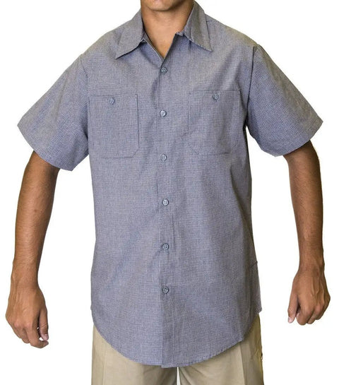 Men's Micro Check Short Sleeve Work Shirt, Heavy Duty Industrial Auto Mechanic Uniform, Stain Resistant Poly Cotton Blend, Dual Pockets Button Closure, Grease Monkey Ready Rock Solid Workwear shown in gray with short sleeves.