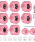 8 Pack Roller Skate Wheels Set For Quad Skates And Skateboards 58mm By 32mm ABEC 9 Bearings 82A PU Hardness Includes 2 Toe Stoppers And All Hardware Ideal For Double Row Skates Indoor Or Outdoor Pink