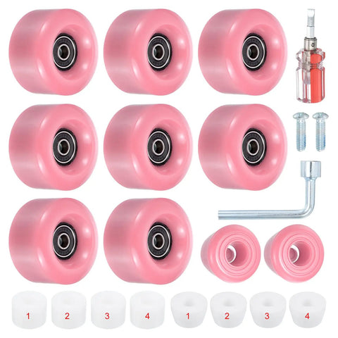 8 Pack Roller Skate Wheels Set For Quad Skates And Skateboards 58mm By 32mm ABEC 9 Bearings 82A PU Hardness Includes 2 Toe Stoppers And All Hardware Ideal For Double Row Skates Indoor Or Outdoor Pink