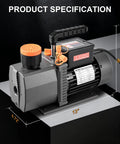 No Sweat 5 CFM Two Stage HVAC Vacuum Pump Half Hp Copper Motor with orange handle and specifications shown