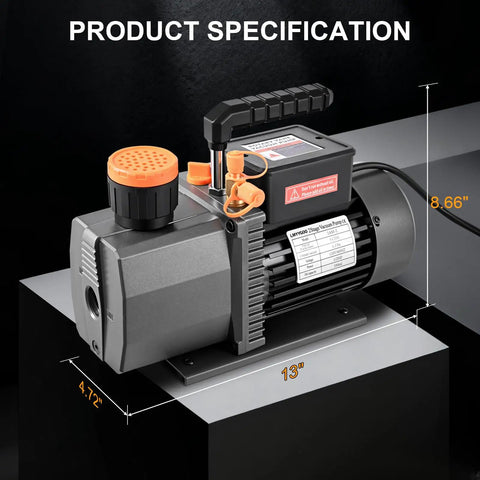 No Sweat 5 CFM Two Stage HVAC Vacuum Pump Half Hp Copper Motor with orange handle and specifications shown