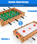 2 In 1 Swivel Mini Game Table Top Wood Foosball And Slide Hockey Combo showing foosball and slide hockey sides with player figures.