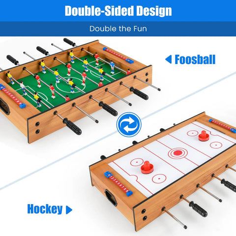 2 In 1 Swivel Mini Game Table Top Wood Foosball And Slide Hockey Combo showing foosball and slide hockey sides with player figures.