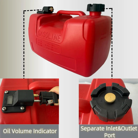 3 Gallon Outboard Fuel Transfer Tank with Line, showing HDPE material, oil volume indicator, and separate inlet & outlet ports