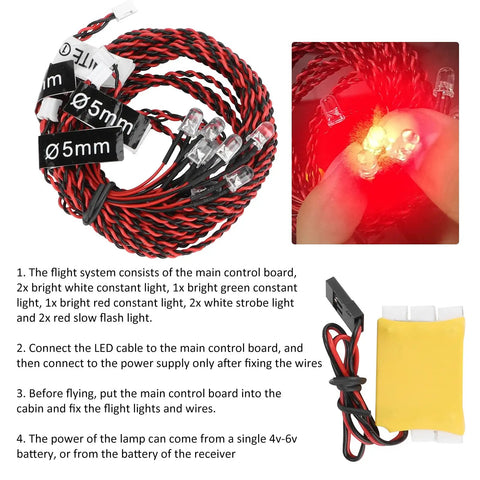 LED Light Kit For RC Airplane Night Flying with cable and connectors, showcasing easy install and bright lighting modes for dusk flying.