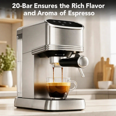 Knock Out Barista Level Shots With This 20 Bar Semi Automatic Espresso Machine Featuring Stainless Steel Build And Steam Wand For That Smooth Daily Brew That Hits Different Today, brewing espresso.